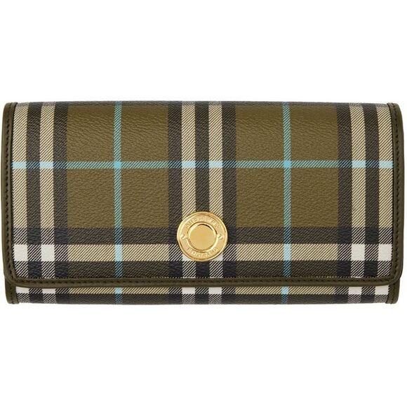 New Burberry Calf Leather Halton Check Continental Wallet Green Snug $720 - Picture 2 of 10